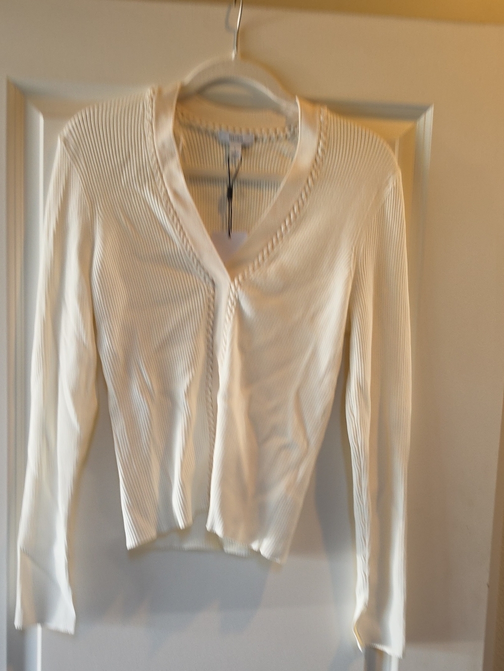 Reiss Cream Braided-Trim Ribbed V-Neck Cardigan